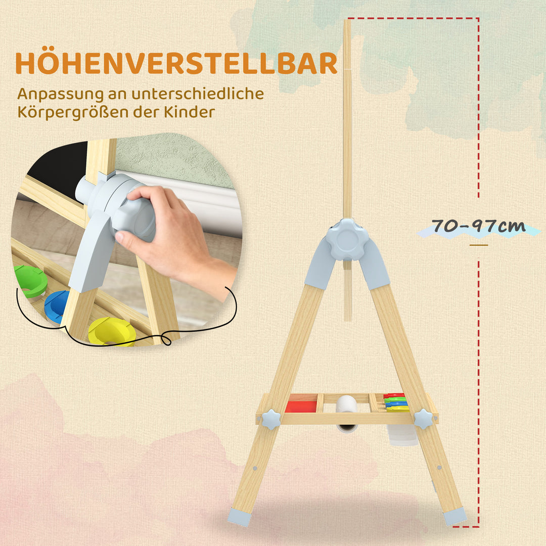 Børnestaffeli i træ, dobbeltsidet whiteboard og kridttavle, højdejusterbar stående kridttavle med papirrulle, hylde, naturfarvet