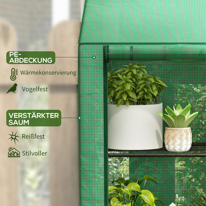 Minidrivhus, 3 etager, 6 trådhylder, 2 åbninger, plastikpresenning, grøn