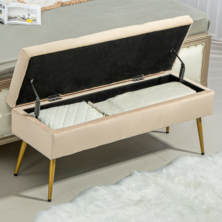 Fløjlsbænk med opbevaring, polstret fodskammel og tuftet design, metalstel, 102 x 35 x 43 cm, beige
