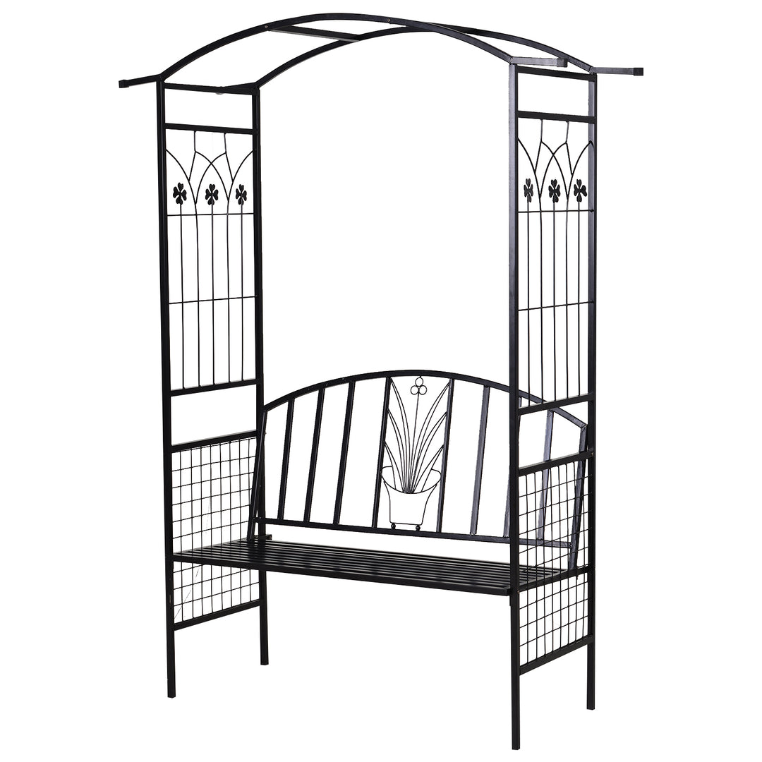 Plantebue med bænk, siddebænk, buegang, espalier, klatrehjælp, have, buet tag, metal, sort, 154 x 60 x 205 cm