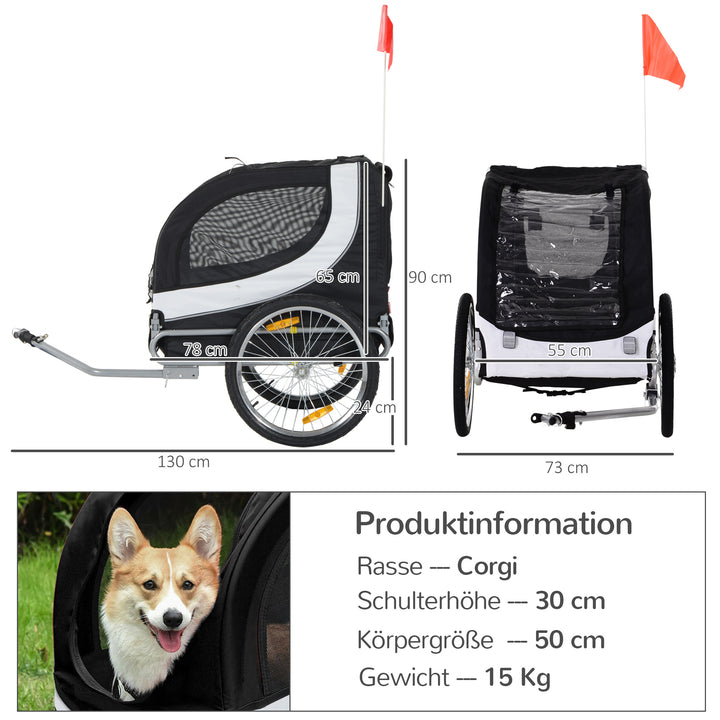 Cykeltrailer hundetrailer op til 20 kg netvindue, rullebetræk, universalkobling hvid+sort