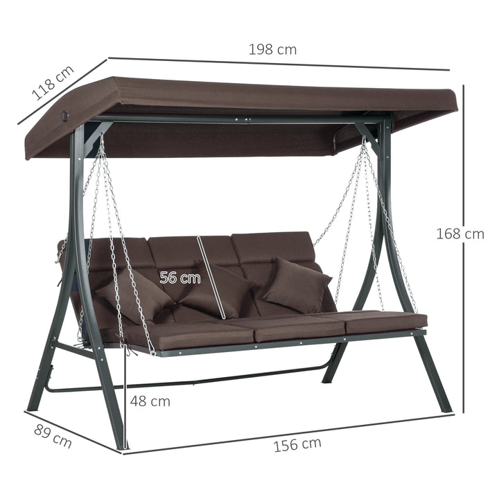 3-Personers gynge med justerbar baldakin, op til 270 kg, brun, 198 x 118 x 168 cm