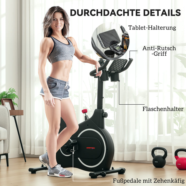 Motionscykel, fitnesscykel med lcd-skærm, tabletholder, flaskeholder, komfortabelt sæde, kompakt, sort