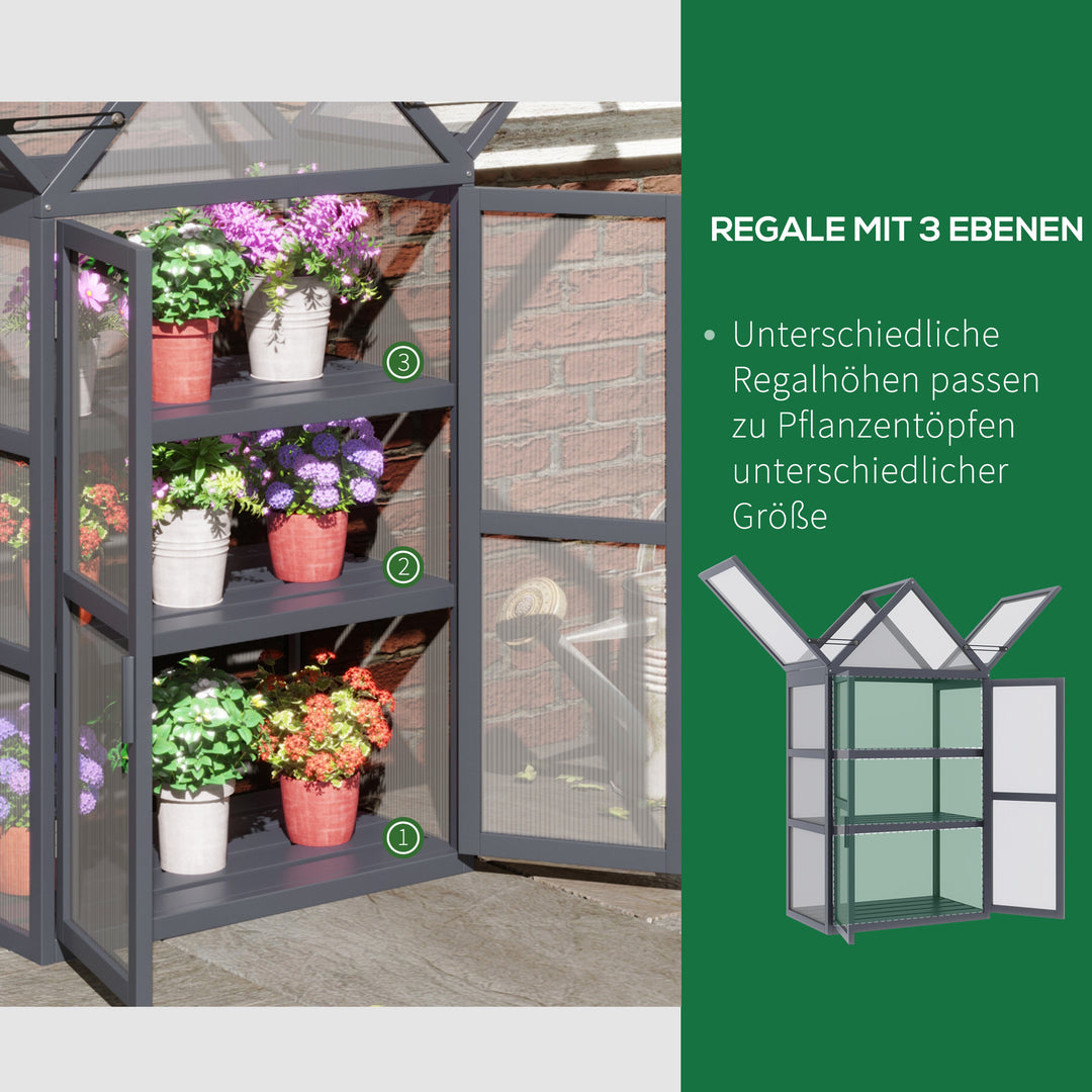 Mini-drivhus til koldt stel, 3 niveauer, drivhusplantebed med hængslet tag, dobbeltdøre, lavet af træ, polycarbonat, vejrbestandig, naturlig 70,5 x 42 x 132 cm