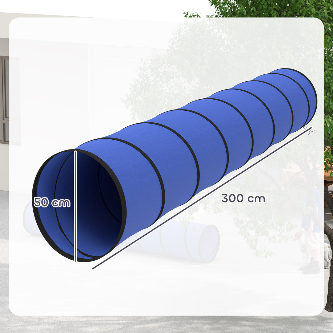 Agilitytunnel til hunde 300 x 50 cm. Hundetunnel med 4 jordankre. Bæretaske. Legetunnel til små og mellemstore hunde. Blå.