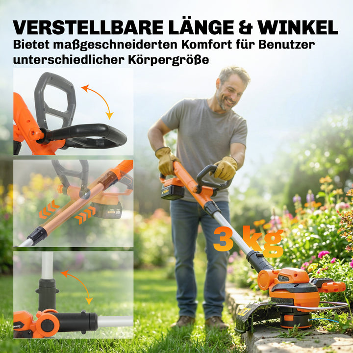 21V batteridrevet græstrimmer med 2 x 4,0 Ah batterier, 25 cm klippebredde