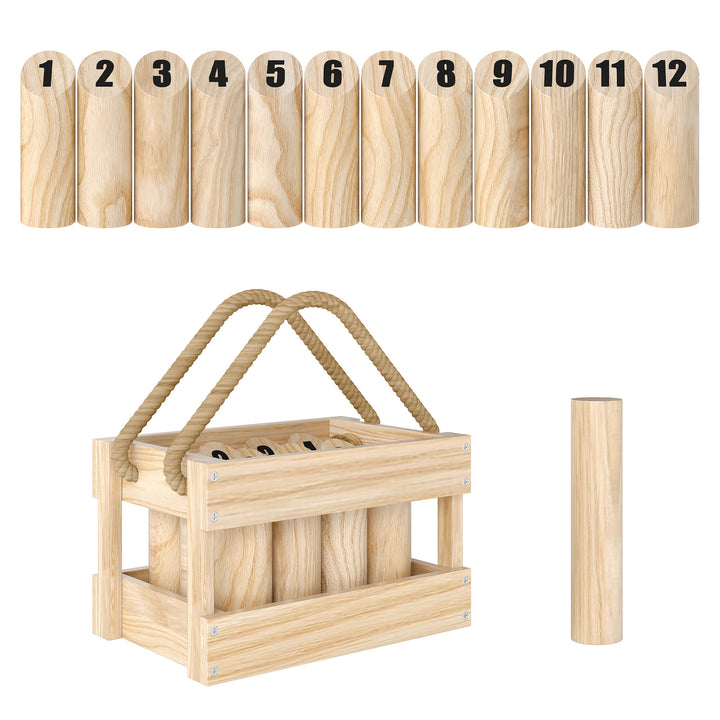 Mölkky-spil, Kubb Viking-kastespil i træ med 12 kegler, 1 pind, transportkasse til familier og grupper
