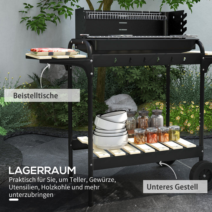 Metalkulgrill BBQ-ryger med hjul, højdejusterbar grillrist, træhylde, 103x47x95 cm, sort