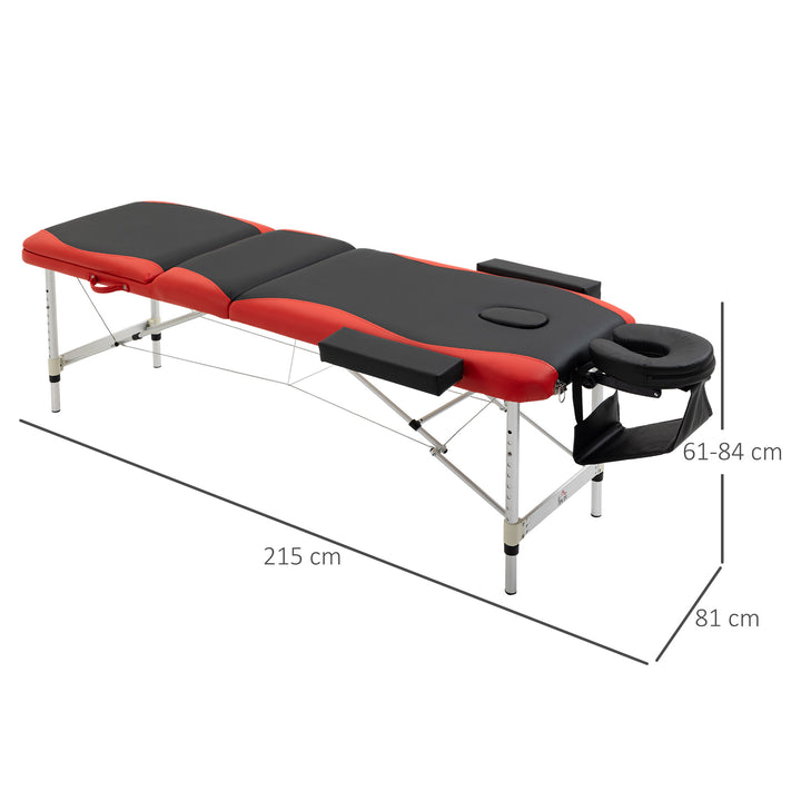 Massagebord, højdejusterbar, aluminium og skumplast sort+rød, 215 x 81 x 61-84 cm