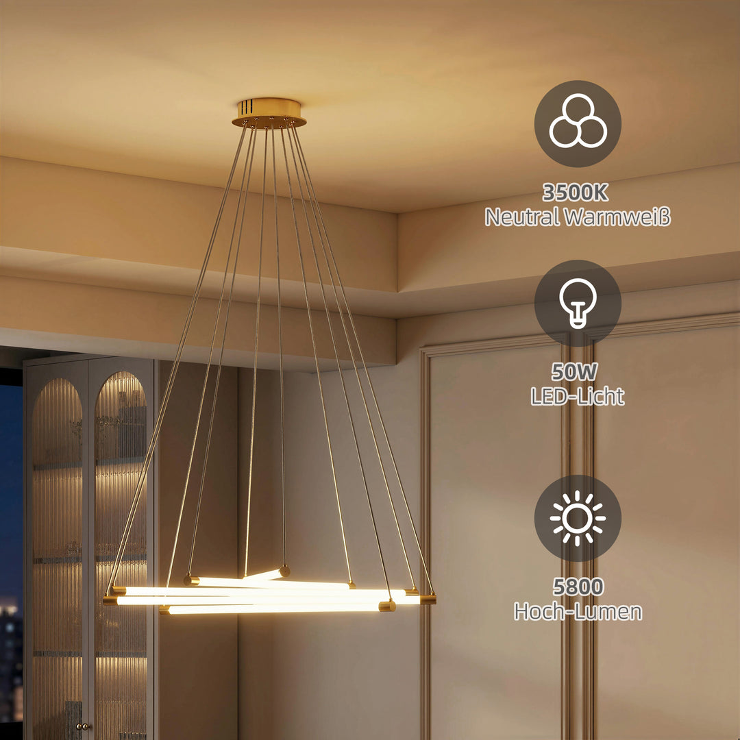 LED loftlampe, 50W, 5 justerbare lysrør, justerbar, loftlampe til stue, spisestue, køkken, guld+hvid