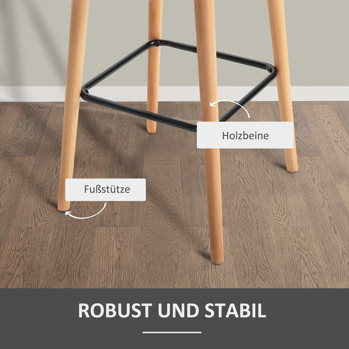 Sæt med 2 barstole, inklusive fodskammel, massivt træ, 55 cm x 48 cm x 100 cm, beige