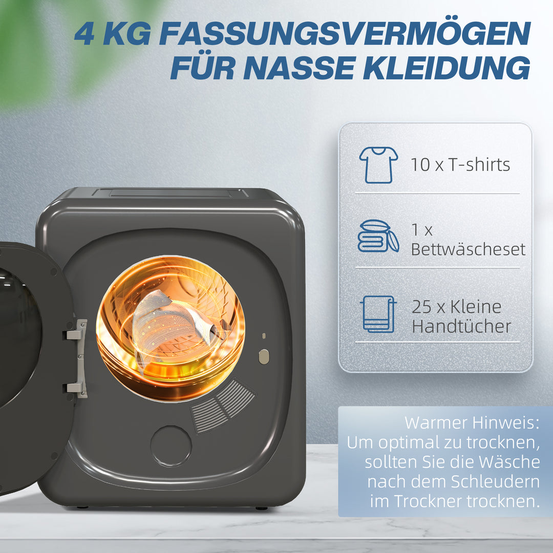 Tørretumbler med uv-desinfektion, kompakt design, 4 kg kapacitet, rustfrit stål, grå