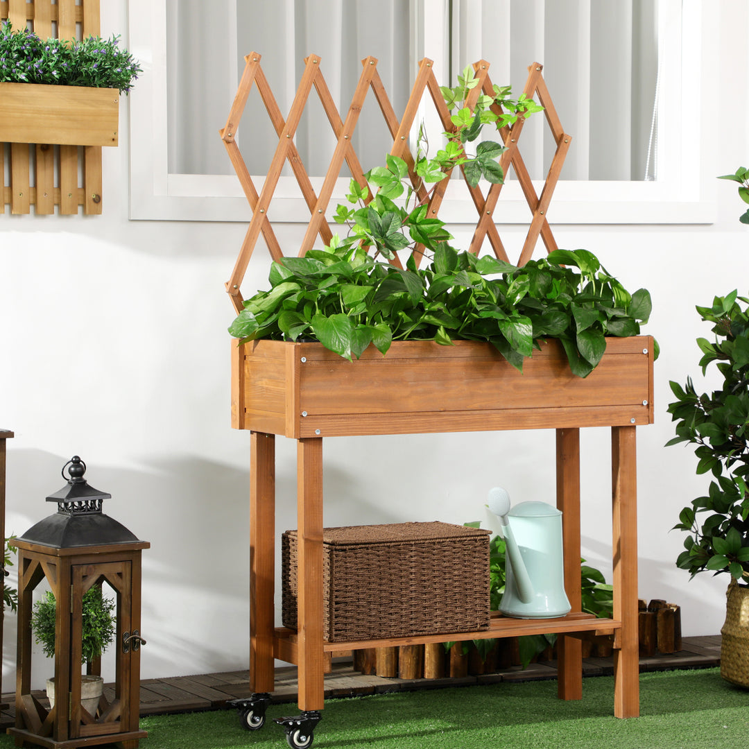Højbed, integreret espalier, opbevaringshylde, hjul, massivt træ, brun, 79 x 29 x 130 cm