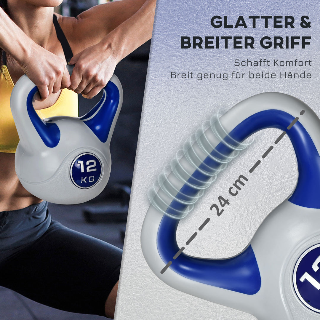 Kettlebell, 12 kg, flad bund, stort håndtag, plastbelægning, blå, 24 x 17 x 28 cm
