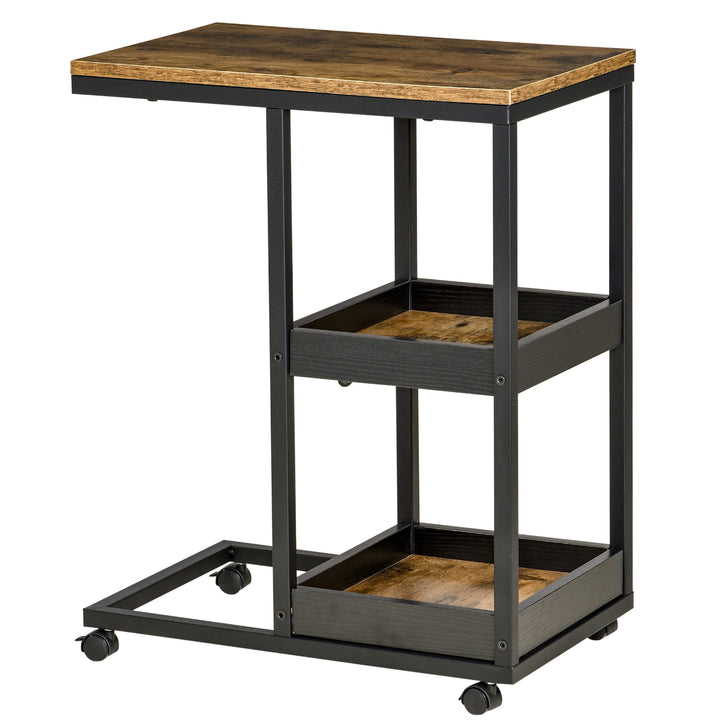 Sidebord med hjul til sofa eller seng, industriel stil, stål og træ, brun og sort