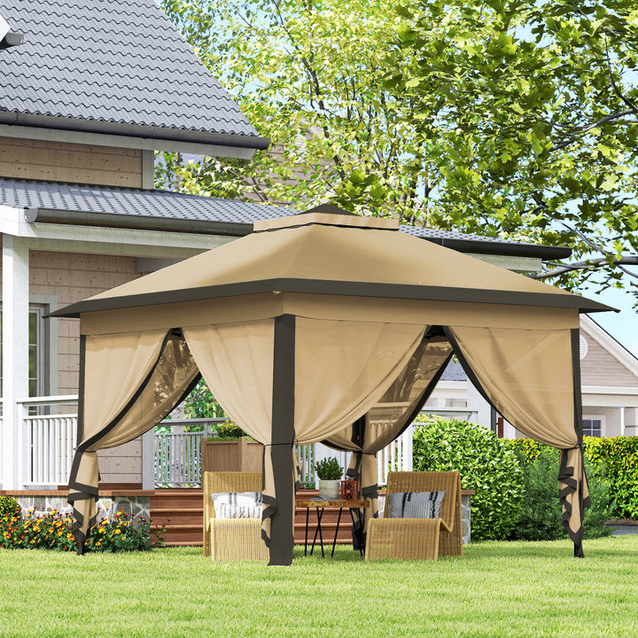 Foldbart lysthus, havelysthus, presenning af metal og stof, netgardiner, drænhuller, 330L x 330B x 288H cm, beige