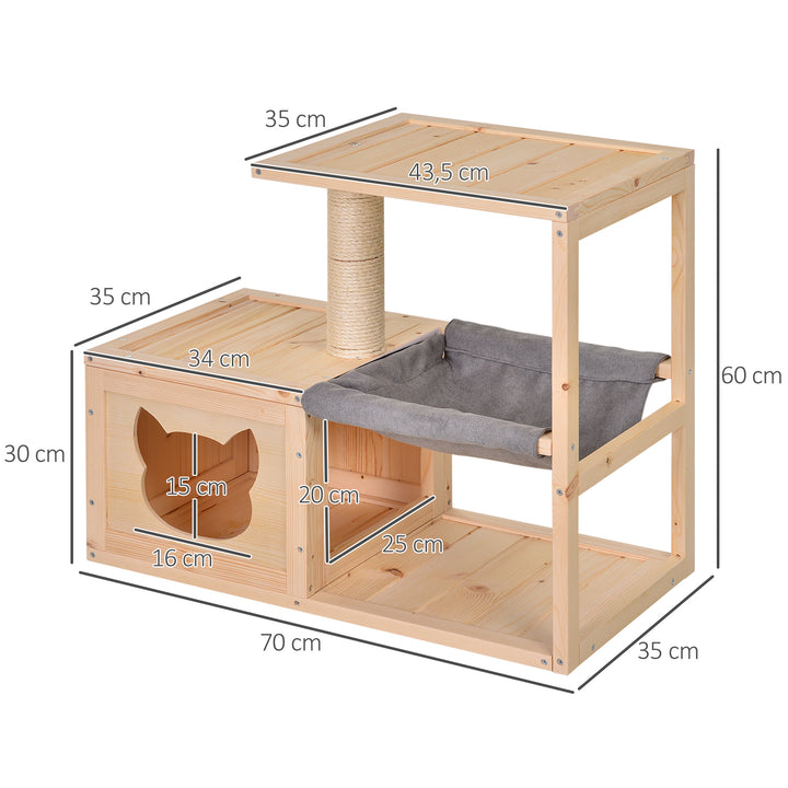 Kattehus med hængekøje, kattekasse med sisalstolpe, kattehule, kradsetræ, aktivitetscenter til katte, fyrretræ, naturtræ, 70 x 35 x 60 cm