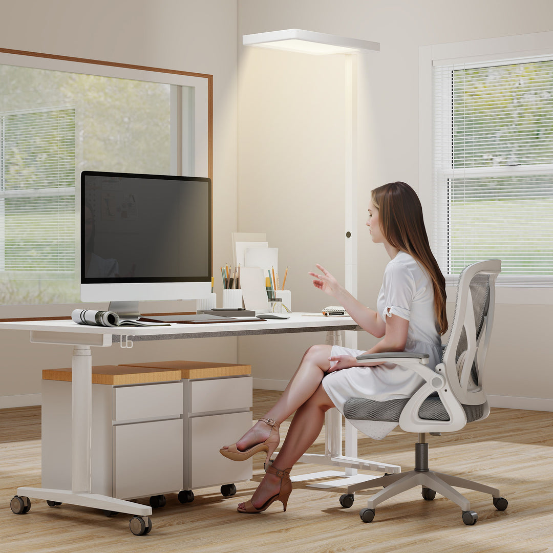 LED-gulvlampe, øjenvenligt lys, gulvlampe med fjernbetjening, justerbar lysstyrke, plastik, metal, hvid
