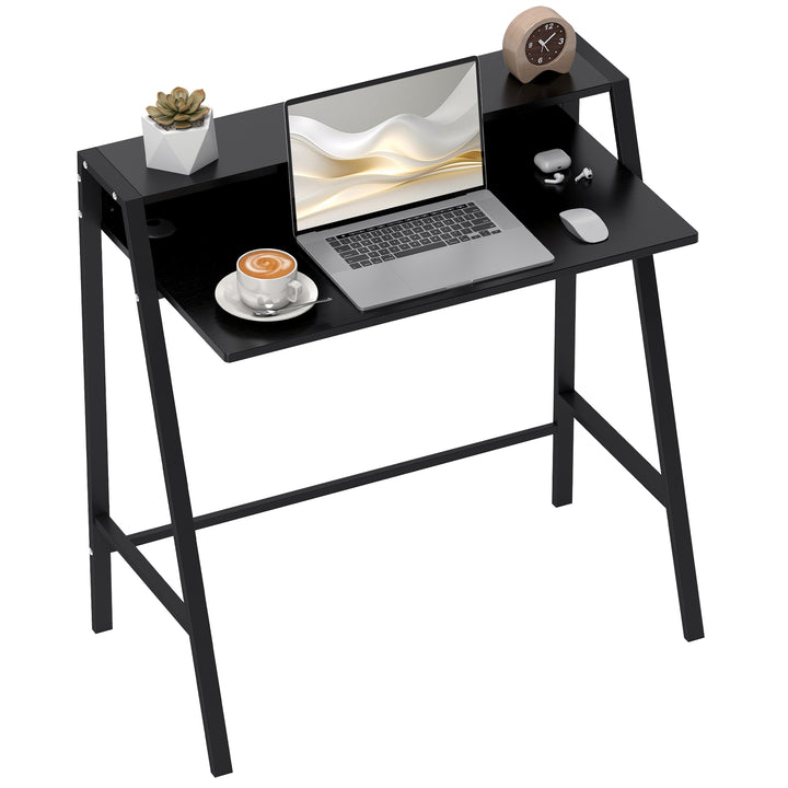 Skrivebord, computerbord med opbevaring og kabelhåndtering, moderne skrivebord med metalramme til studie, soveværelse, hjemmekontor, 84 x 45 x 85 cm, sort