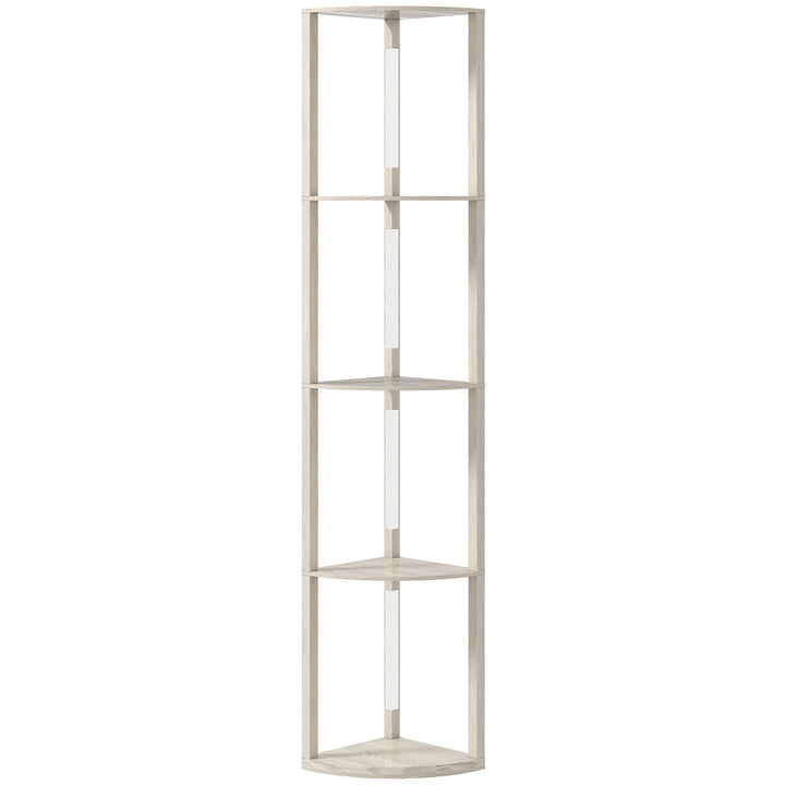 LED gulvlampe, hjørnehylde, dæmpbar, 4 hylder, varmt hvidt lys, 41x30x164cm, eg