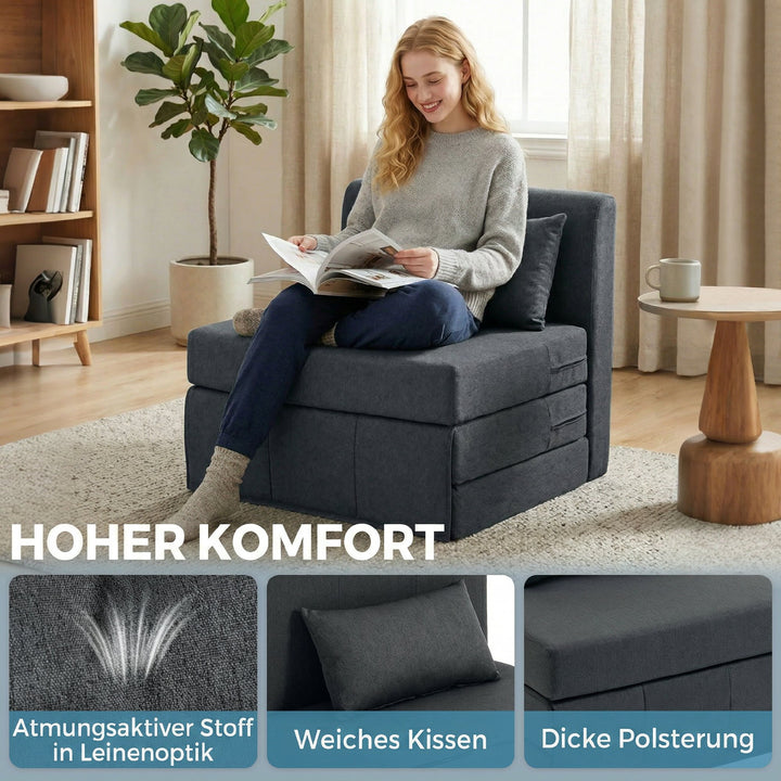 2-i-1 sovesofa, foldbar sovesofa med hørtekstur, polstret gæsteseng, klapstol, mørkegrå
