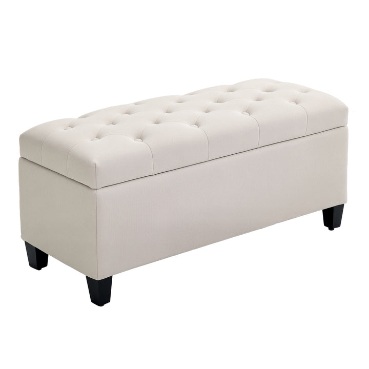 Bænk polstret bænk med opbevaringsplads kommodebænk entre soveværelse stue hørlignende polyester gummitræ cremehvid 100 x 40 x 44 cm