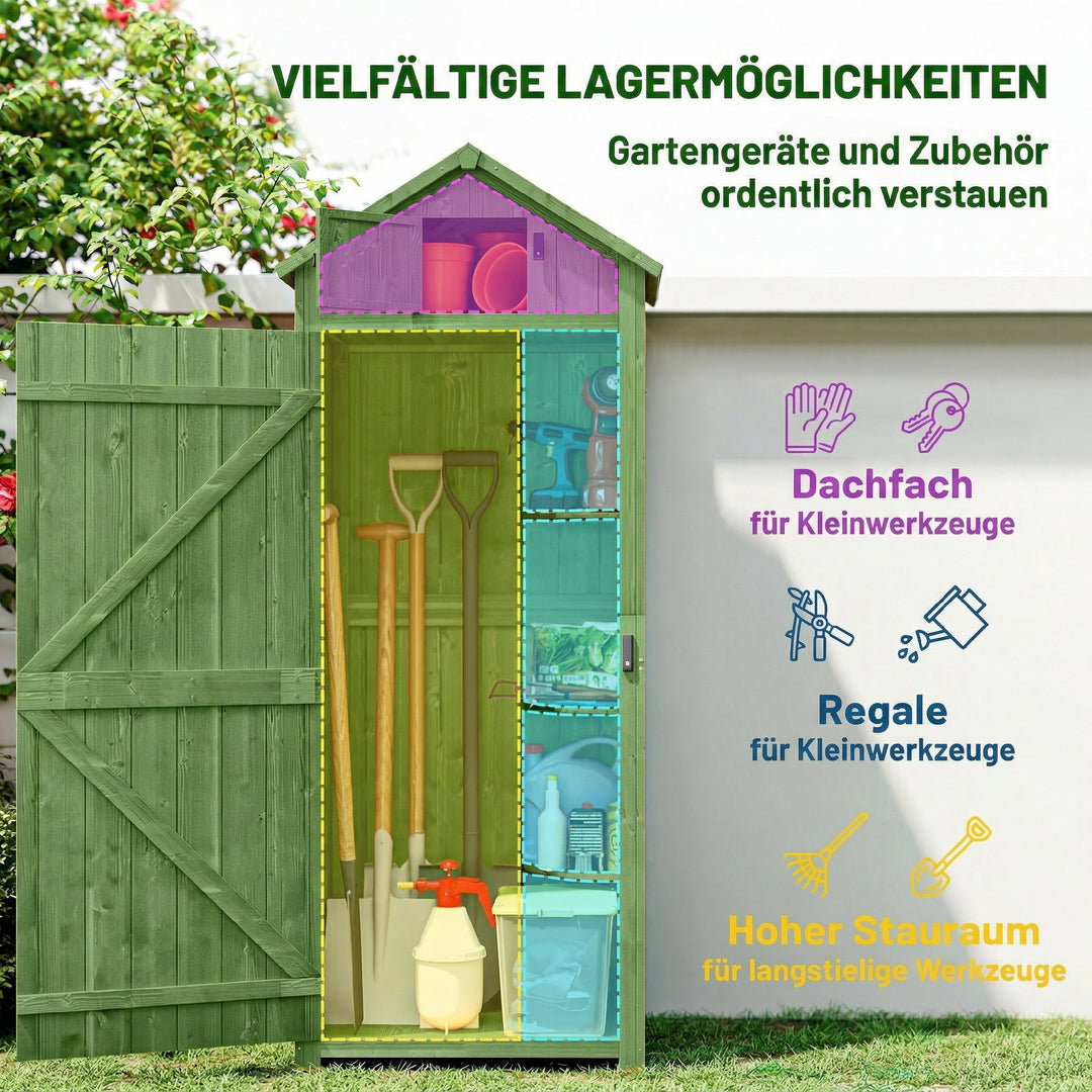 Træskur med 3 aftagelige hylder, aflåselig dør, asfalttag med skrånende tag og ventilation.