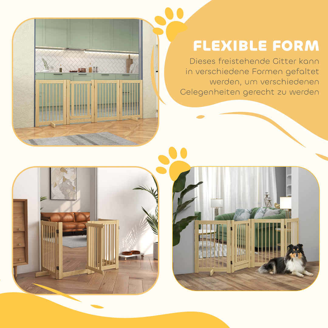 Fritstående hundegitter, 4 paneler, fleksibelt, fyrretræ, 204l x 36b x 75h cm, naturtræ
