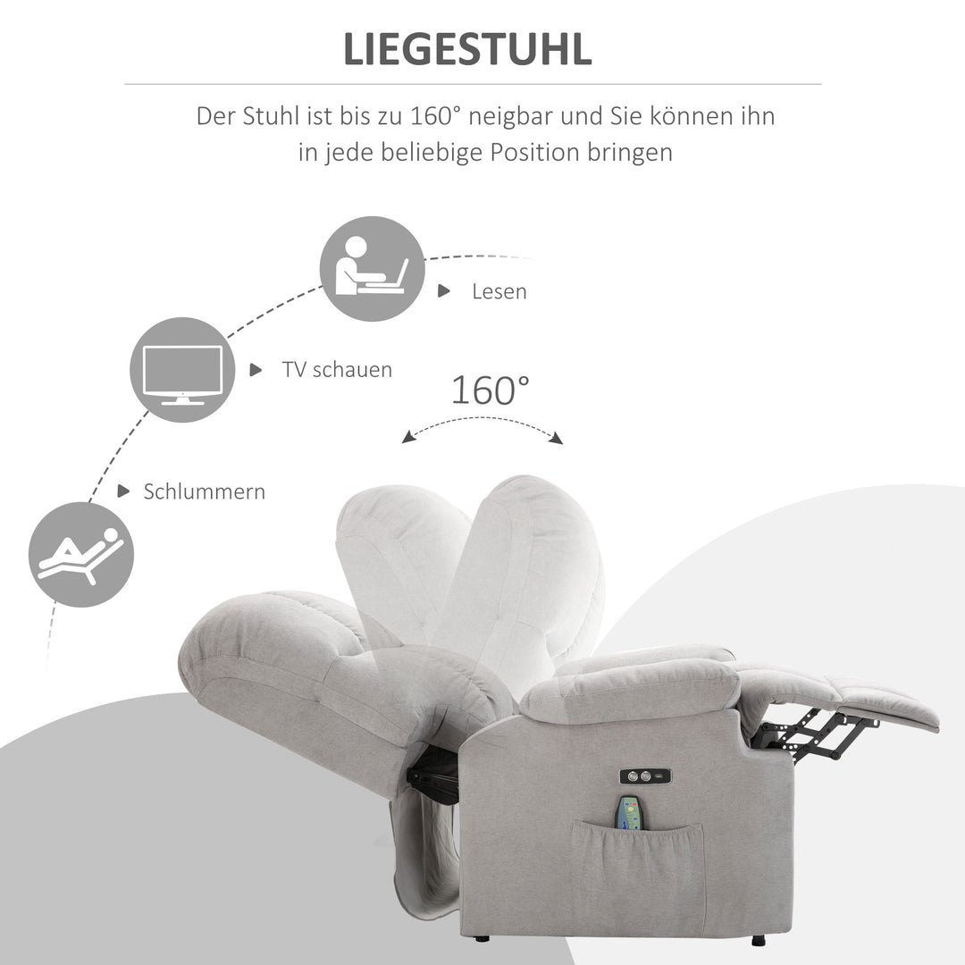 Lænestol med løftehjælp, massagestol, lænestol med USB-port, TV-stol med fjernbetjening, sidelomme, TV-lænestol med fløjlslook, grå