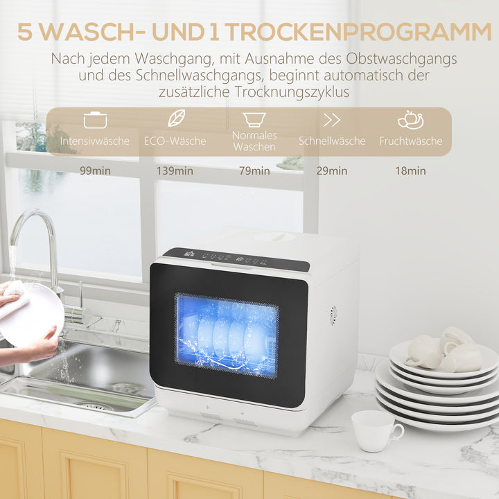 Mini opvaskemaskine med 6-liters tank, 5 programmer, led-display, tørrefunktion, hvid