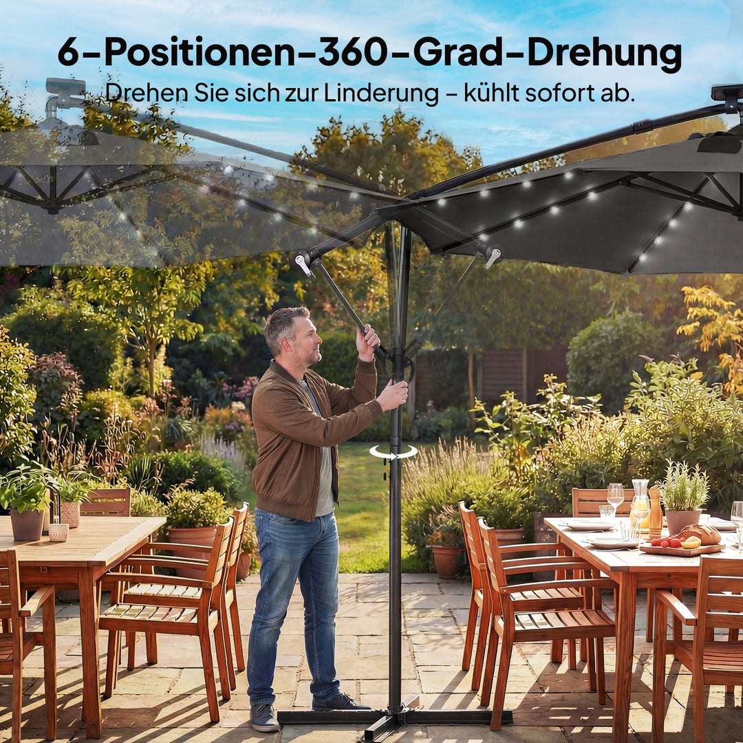 LED solcelledrevet parasol, ca. Ø300 cm, drejelig, med håndsving, beskyttelsesovertræk, mørkegrå