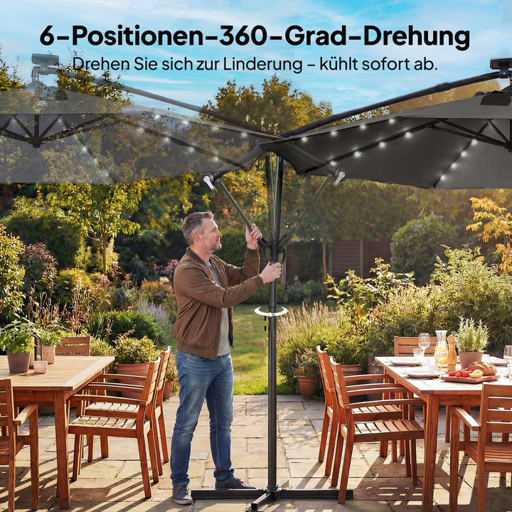 LED solcelledrevet parasol, ca. Ø300 cm, drejelig, med håndsving, beskyttelsesovertræk, mørkegrå