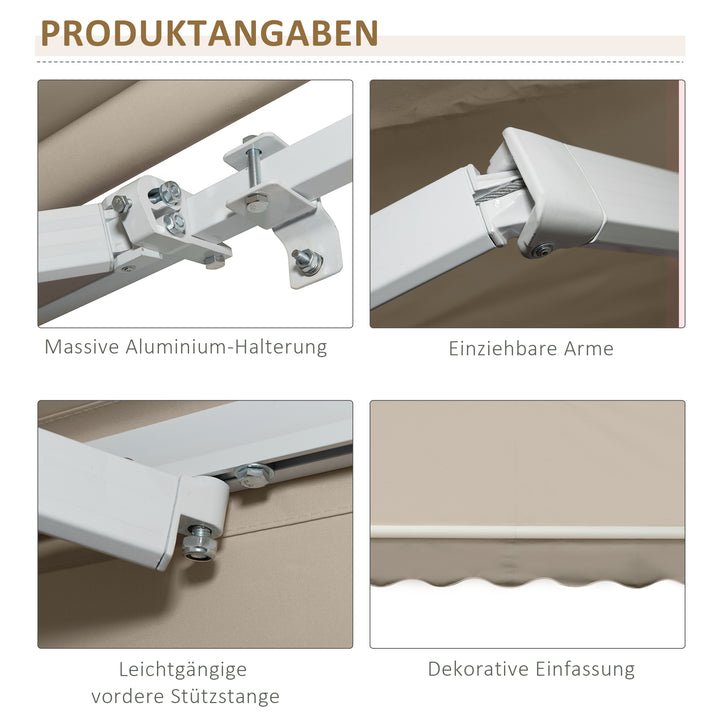 Markise, solsejl, udtrækkelig, med håndsving, metalramme, polyester, hvid+beige, 3,95 x 2,45 m