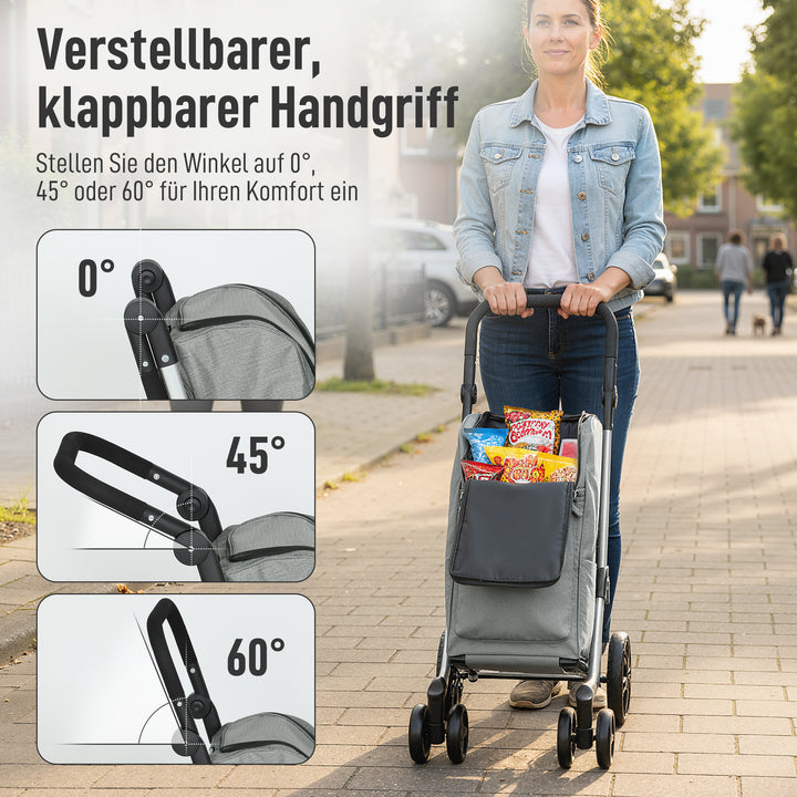 Indkøbsvogn, 46-liters taske, foldbar indkøbsvogn med køletaske, justerbart håndtag, aluminiumsramme, grå