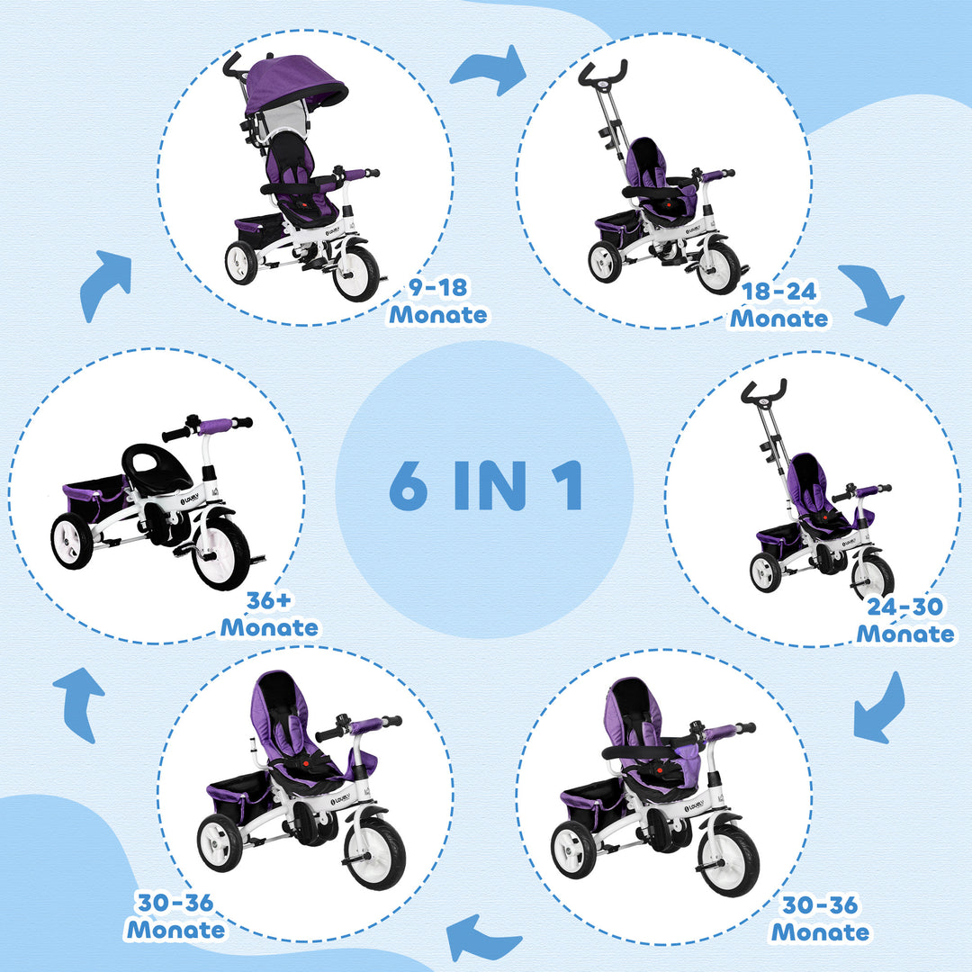 6-I-1 børnetrecykel med skubbehåndtag, kaleche, sele, opbevaringskurv, til 1-5 år, blå