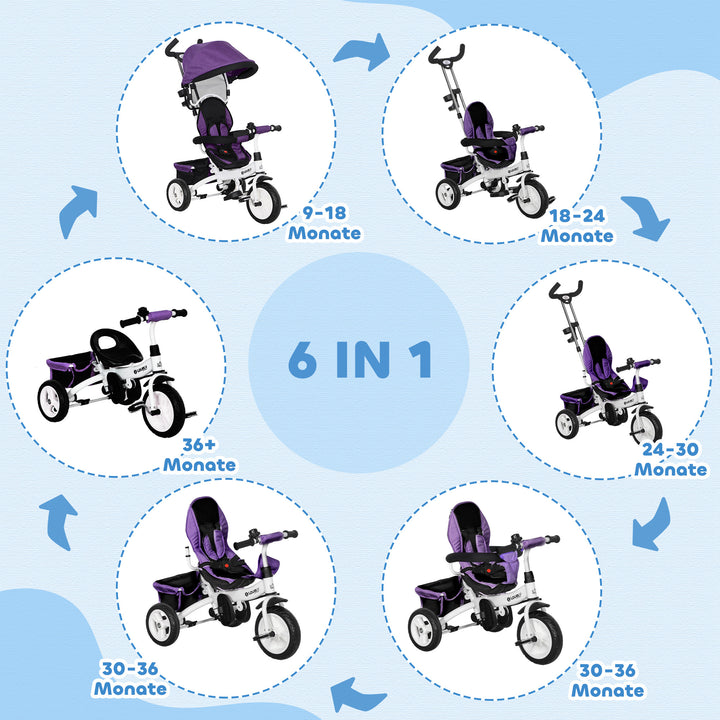 6-I-1 børnetrecykel med skubbehåndtag, kaleche, sele, opbevaringskurv, til 1-5 år, blå