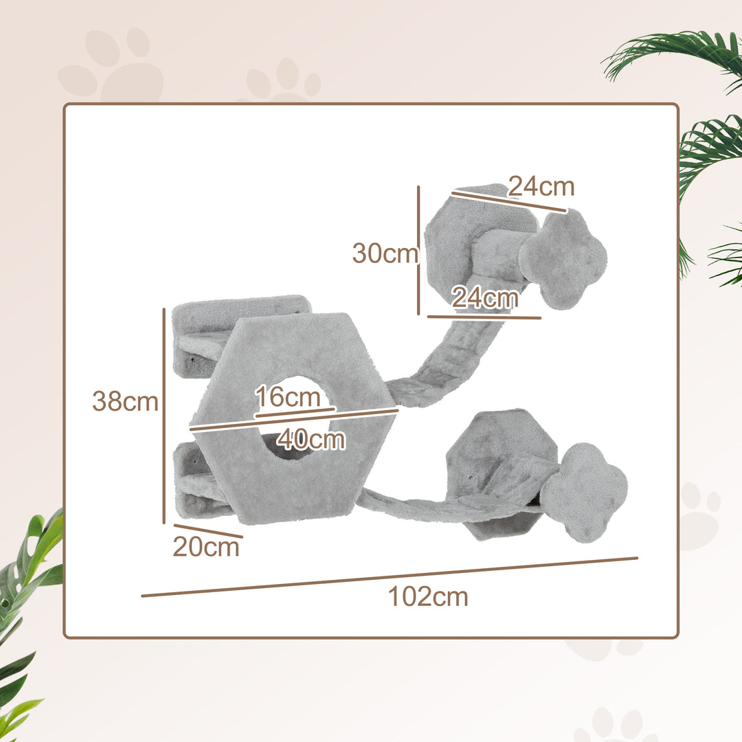 Klatrevæg til katte, inklusive kattehus, stiger, legebold, pladsbesparende, lysegrå