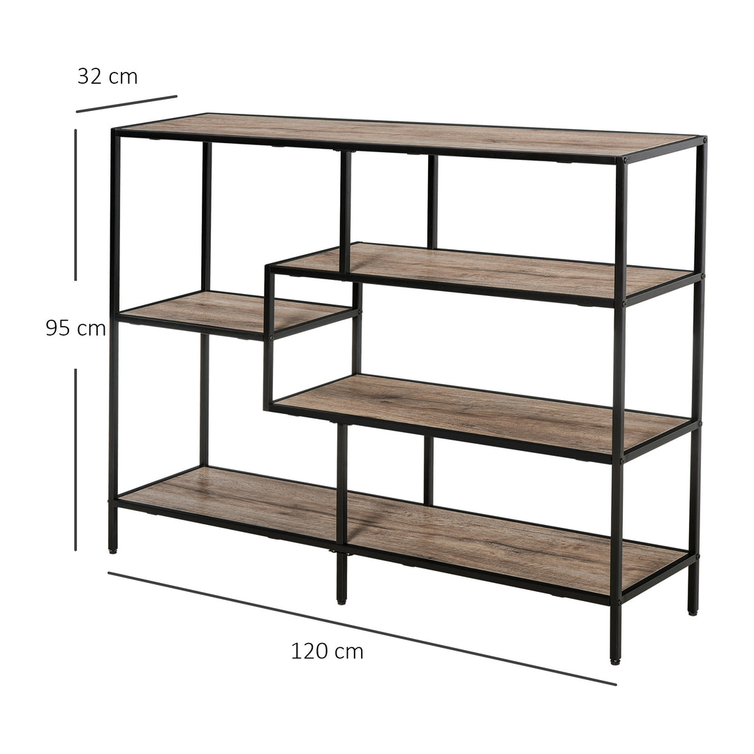 Fritstående hylde, bogreolopbevaringshylde industriel stil, arkivhylde, køkkenhylde, p2 spånplade, metal, sort+lys eg, 120 x 32 x 95 cm