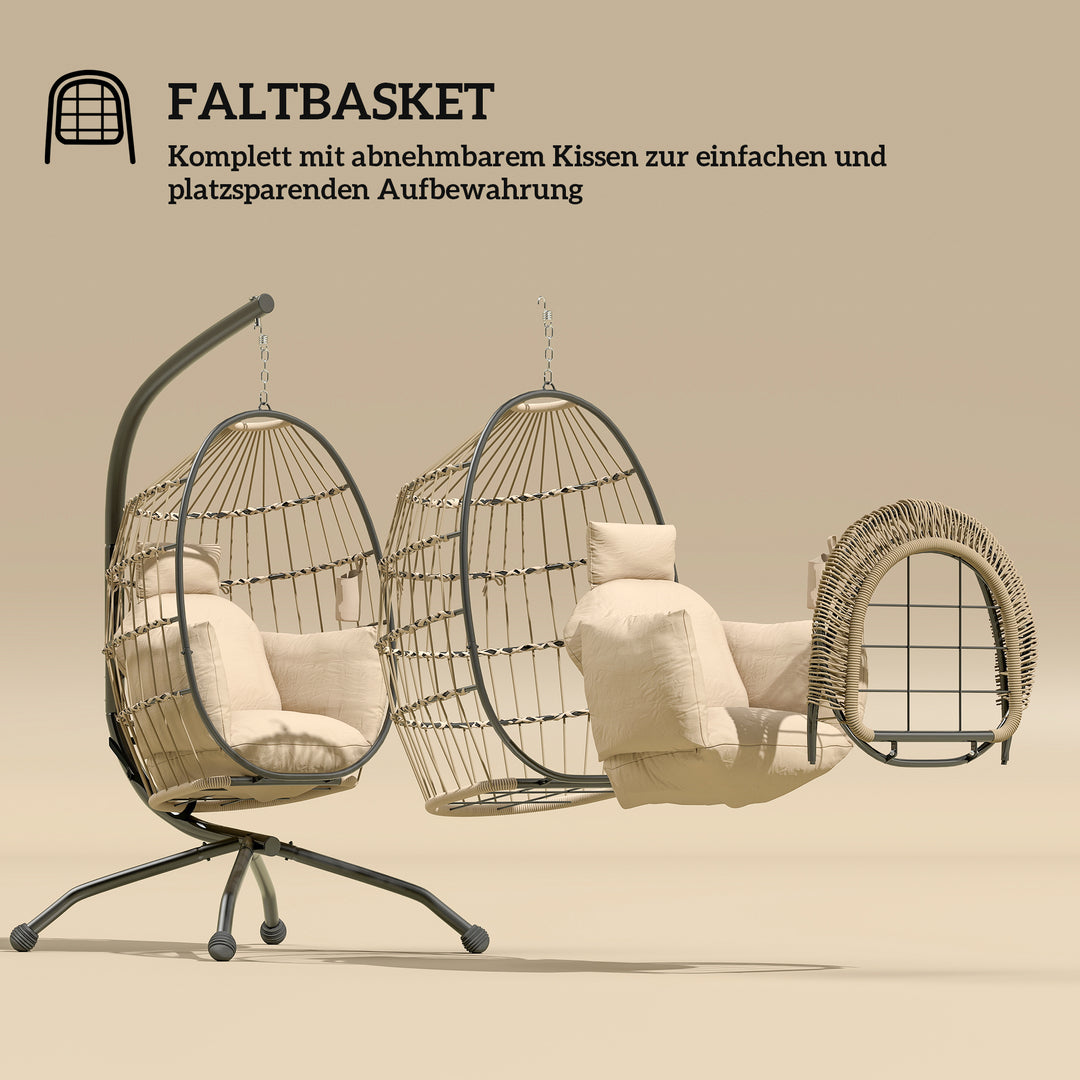 Hængende udendørs gyngestol med foldbart sæde i flet og tykke hynder, stativ, nakkestøtte, kopholder, khaki