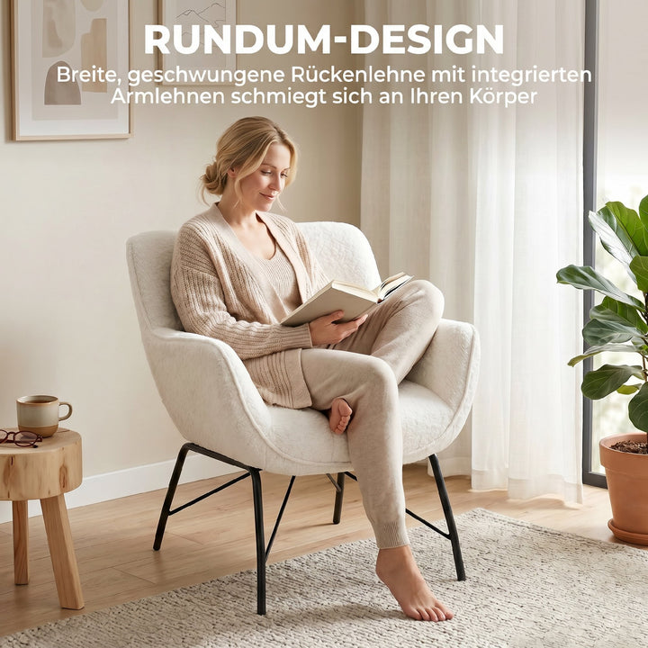 Moderne lænestol, sherpa fleece stol med buet ryglæn, integrerede armlæn, metalben, cremehvid