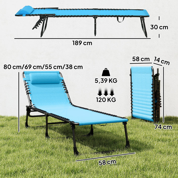 Solseng, foldbar, åndbart betræk, metalramme, 189 x 58 x 30 cm, blå