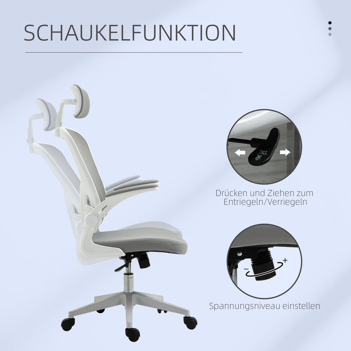Kontorstol ergonomisk skrivebordsstol med vippefunktion høj ryg lændestøtte nakkestøtte foldbar armlæn hjemmekontor grå 65 x 64 x 114-122 cm