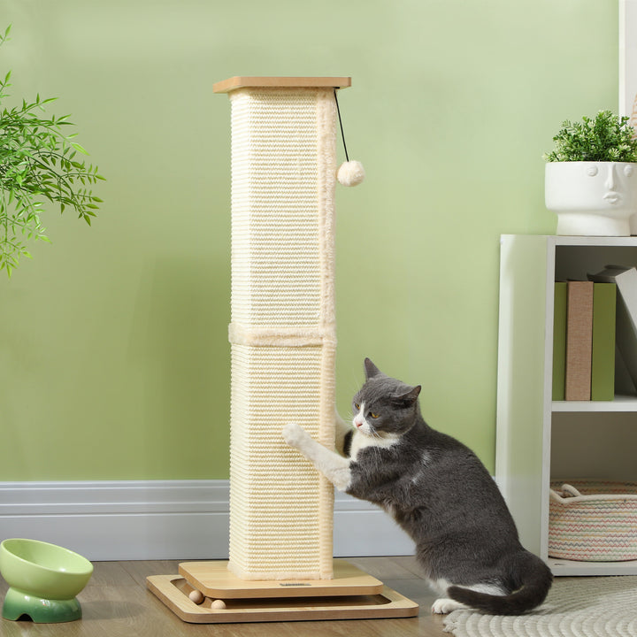 3-I-1 kradsetræ med legestang, legebold, sisal, op til 10 kg, 39,5 x 39,5 x 87 cm, eg/creme