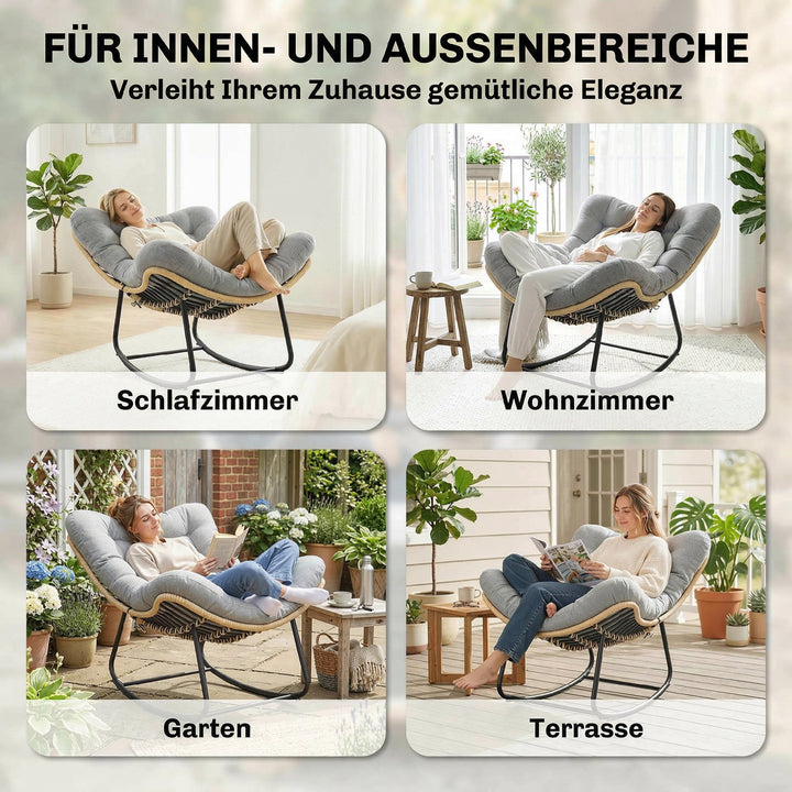 Rattan gyngestol haveliggestol med tyk hynde, havegynge op til 120 kg, indendørs/udendørs, 87 x 110 x 70 cm, grå