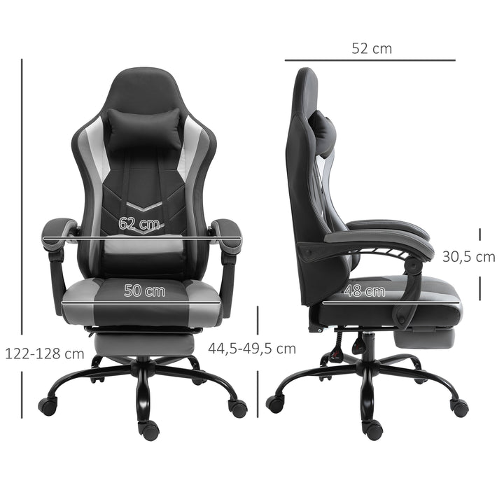 Ergonomisk gamingstol, kontorstol, skrivebordsstol, drejestol, højdejusterbar, justerbar lændehynde med fodstøtte, sort, 62 x 52 x 128 cm