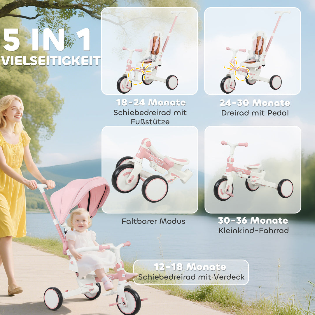 Børnetrecykel, konvertibel babyvogn, 5-i-1 design, aftageligt skubbehåndtag, justerbar, sikkerhedssele, opbevaringstaske, 1-3 år, pink