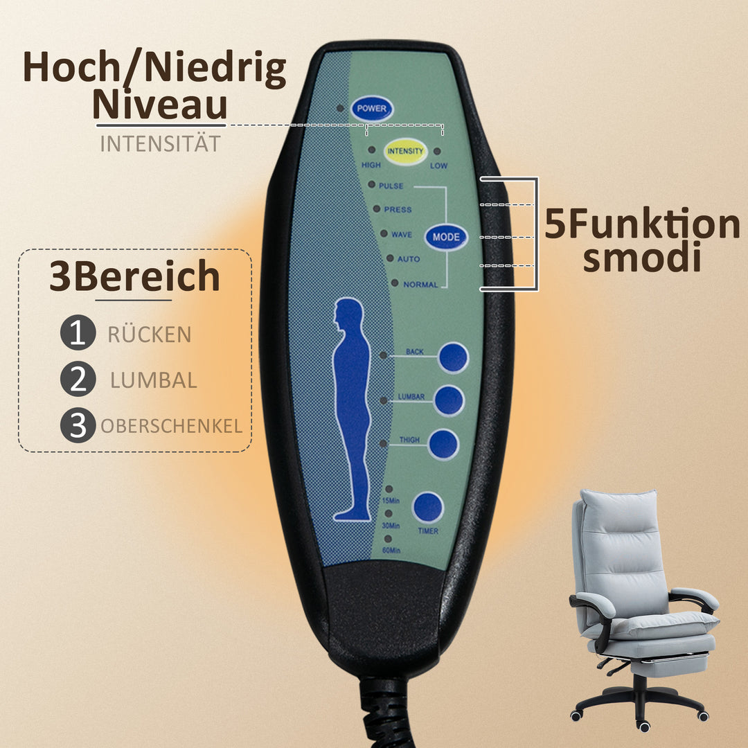 Massagekontorstol, skrivebordsstol med massagefunktion, højdejusterbar, ergonomisk drejestol, nylon, lysegrå