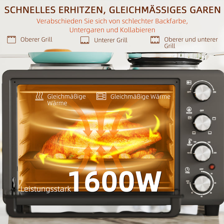 28 L brødristerovn, kompakt ovn til madlavning og grillning, elektrisk ovn med bageplade, grillrist, 2600w, sort