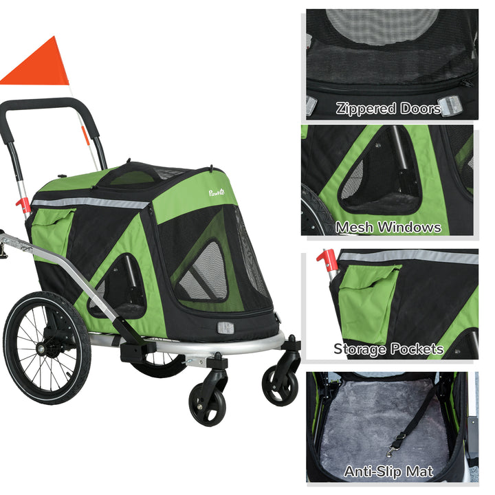 2-i-1 hundebåren/hundejogger/cykeltrailer op til 20 kg, 2 reflekser, 1 sikkerhedsline, 150 x 68 x 95 cm, grøn