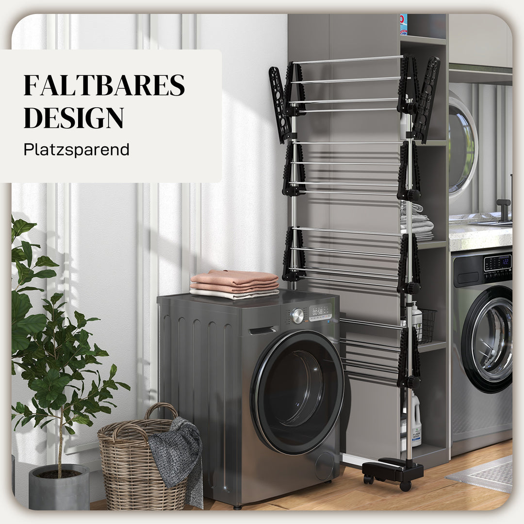 Tørrestativ med 5 niveauer, foldbar, et-klik-system, 142 cm x 55 cm x 1,72 cm, sort + sølv